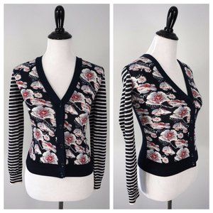 Tory Burch Navy Blue Red White Floral V-Neck Striped Wool Cardigan Sweater Small
